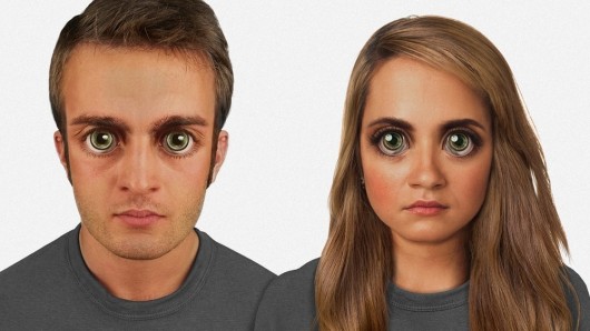In 100,000 years: The human face is proportioned to the 'golden ratio,' though it features unnervingly large eyes. There is green “eye shine” from the tapetum lucidum, and a more pronounced superciliary arch. A sideways blink of the reintroduced plica semilunaris seen in the light gray areas of the eyes, while miniature bone-conduction devices implanted above the ear work with the communications lenses on the eyes. Image credit: Nickolay Lamm